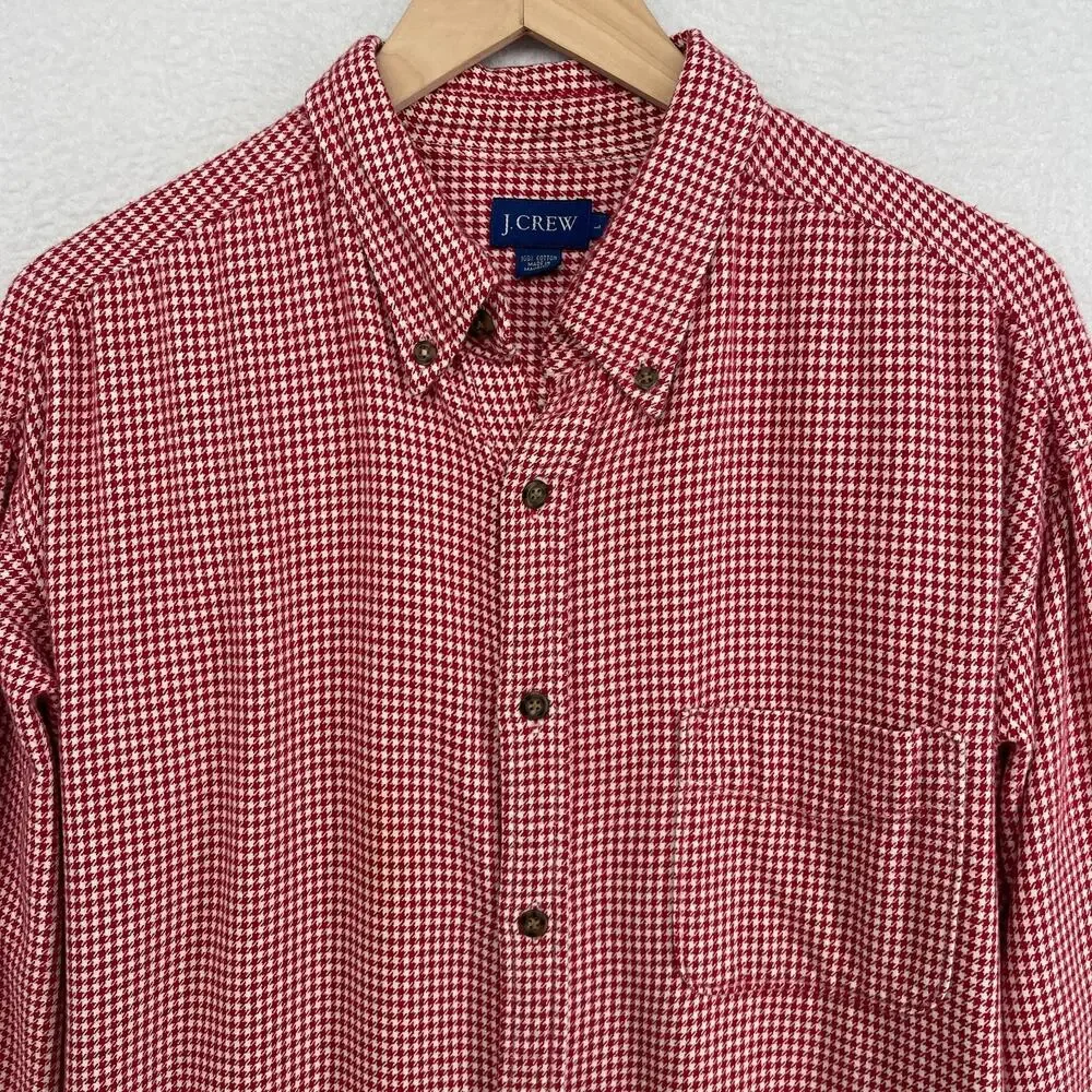 J.CREW Shirt Mens L Flannel Houndstooth Button Down Long Sleeve Cotton Red